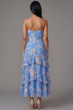 Vestido largo de invitado de boda, sin tirantes florales estampados en tirantes azul gasa