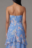 Vestido largo de invitado de boda, sin tirantes florales estampados en tirantes azul gasa