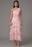 Vestido largo de invitado de boda rosa de gasa rosa con estampado floral y estampado largo de un hombro