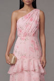 Vestido largo de invitado de boda rosa de gasa rosa con estampado floral y estampado largo de un hombro