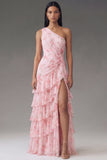 Vestido largo de invitado de boda rosa de un hombro, estampado en escalones, con estampado floral y abertura de gasa