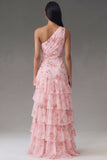 Vestido largo de invitado de boda rosa de un hombro, estampado en escalones, con estampado floral y abertura de gasa