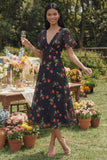 Vestido de invitado midi de chiffon A-line negro rojo con escote en V y manga corta