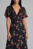 Vestido de invitado midi de chiffon A-line negro rojo con escote en V y manga corta