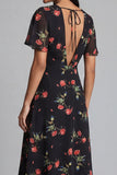Vestido de invitado midi de chiffon A-line negro rojo con escote en V y manga corta