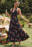 Vestido largo de invitado de boda con escote halter de gasa con estampado de flores negras rojas
