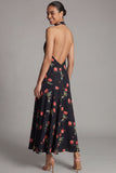 Vestido largo de invitado de boda con escote halter de gasa con estampado de flores negras rojas