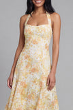 Cuello halter amarillo encaje Midi Floral con lazo