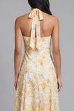 Cuello halter amarillo encaje Midi Floral con lazo