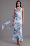Vestido largo de gasa de chiffon con flor blanca azul, escote en pico y cuello