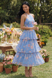 Vestido floral en línea A con escote en A de alto y azul rosa gasa