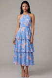 Vestido floral en línea A con escote en A de alto y azul rosa gasa