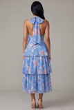 Vestido floral en línea A con escote en A de alto y azul rosa gasa