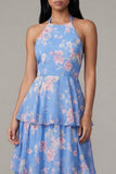 Vestido floral en línea A con escote en A de alto y azul rosa gasa