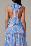 Vestido floral en línea A con escote en A de alto y azul rosa gasa
