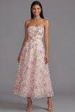 Vestido largo floral estampado sin tirantes rosa gasa con abalorios
