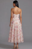 Vestido largo floral estampado sin tirantes rosa gasa con abalorios