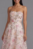 Vestido largo floral estampado sin tirantes rosa gasa con abalorios