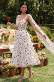 Vestido de invitado Midi Corsé A-Line transparente flor marfil rojo marfil