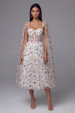 Vestido de invitado Midi Corsé A-Line transparente flor marfil rojo marfil