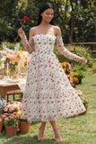 Vestido de invitado midi sin tirantes de flor rojo marfil con mangas transparentes