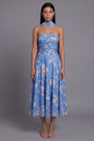 Vestido de invitado midi midi de invitado azul gasa sin tirantes con bufanda al cuello
