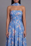 Vestido de invitado midi midi de invitado azul gasa sin tirantes con bufanda al cuello