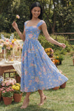 Vestido de invitado Midi de boda Midi de escote cuadrado con escote cuadrado y chiffon azul con estampado floral