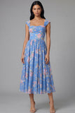 Vestido de invitado Midi de boda Midi de escote cuadrado con escote cuadrado y chiffon azul con estampado floral