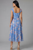 Vestido de invitado Midi de boda Midi de escote cuadrado con escote cuadrado y chiffon azul con estampado floral
