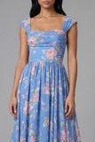Vestido de invitado Midi de boda Midi de escote cuadrado con escote cuadrado y chiffon azul con estampado floral