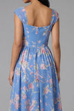 Vestido de invitado Midi de boda Midi de escote cuadrado con escote cuadrado y chiffon azul con estampado floral