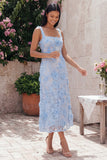 Vestido midi azul de cuello cuadrado floral con apliques