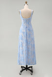 Vestido midi azul de cuello cuadrado floral con apliques