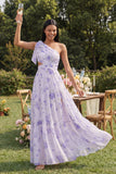 Vestido Maxi de un hombro con estampado de tul lila y flor con abertura