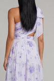 Vestido Maxi de un hombro con estampado de tul lila y flor con abertura