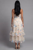 Vestido Midi floral A-Line con aplique de tul champán Sweetheart