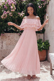 Vestido Maxi plisado plisado de tul rosa con hombros descubiertos y volantes