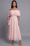 Vestido Maxi plisado plisado de tul rosa con hombros descubiertos y volantes