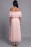 Vestido Maxi plisado plisado de tul rosa con hombros descubiertos y volantes