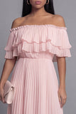Vestido Maxi plisado plisado de tul rosa con hombros descubiertos y volantes