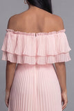 Vestido Maxi plisado plisado de tul rosa con hombros descubiertos y volantes