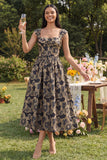 Vestido negro Jacquard floral arrugado de línea cuadrada y cuello en A