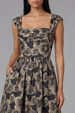 Vestido negro Jacquard floral arrugado de línea cuadrada y cuello en A