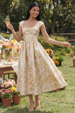 Vestido negro Jacquard floral arrugado de línea cuadrada y cuello en A