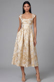 Vestido negro Jacquard floral arrugado de línea cuadrada y cuello en A