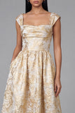 Vestido negro Jacquard floral arrugado de línea cuadrada y cuello en A