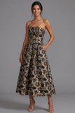 Vestido Midi Jacquard Floral Floral Negro Línea A sin tirantes