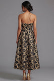 Vestido Midi Jacquard Floral Floral Negro Línea A sin tirantes