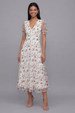 Vestido midi floral blanco rosa de tul en pico con escote en V y manga corta